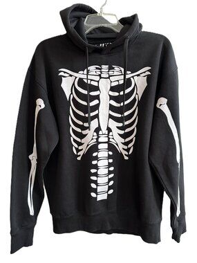 Skeleton Hoodie Denim & Flower Ricky Singh Mens Medium Black White Halloween